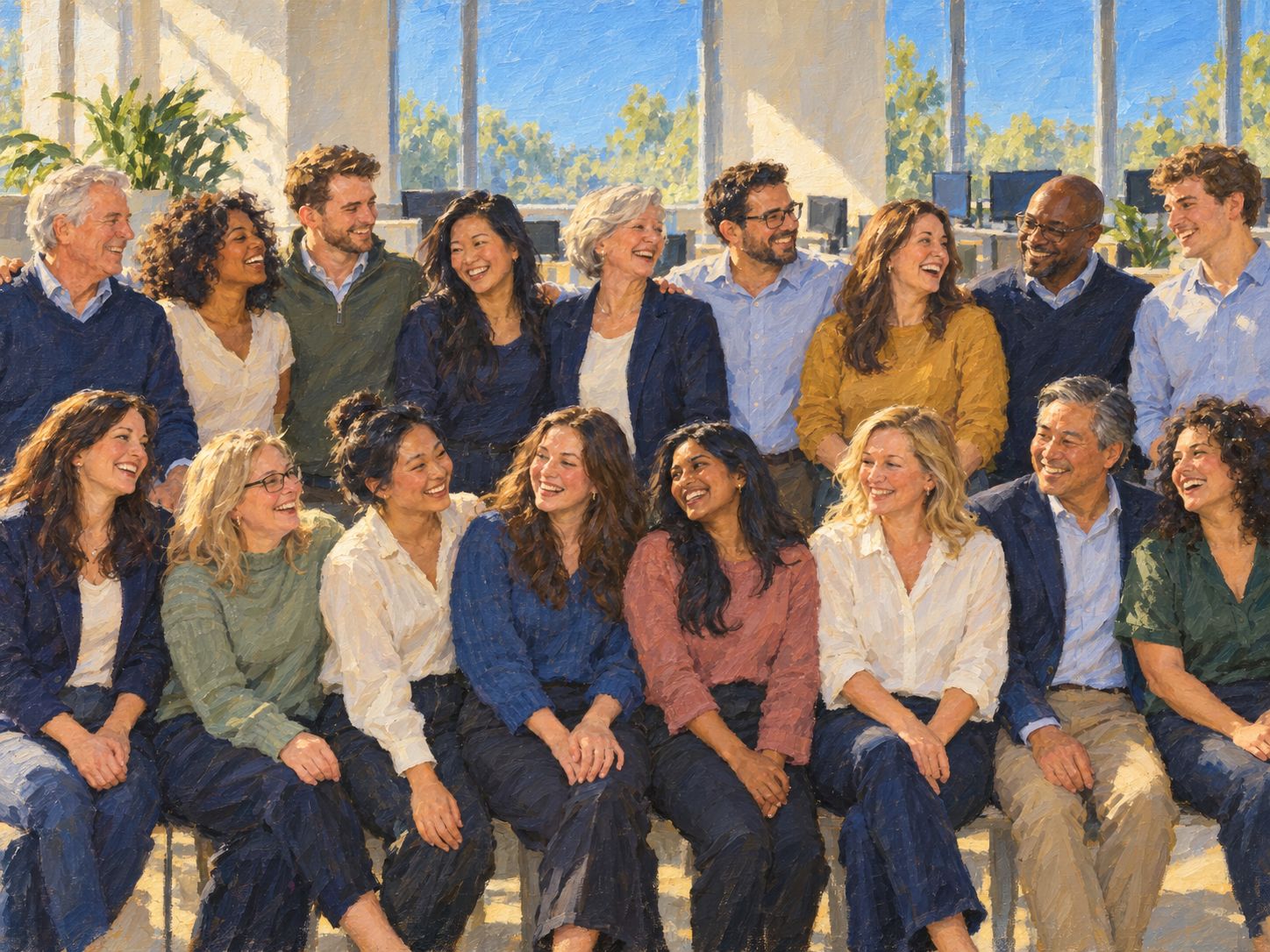 An oil painting of an accounting firm's team gathered in a sunlit office, laughing together.