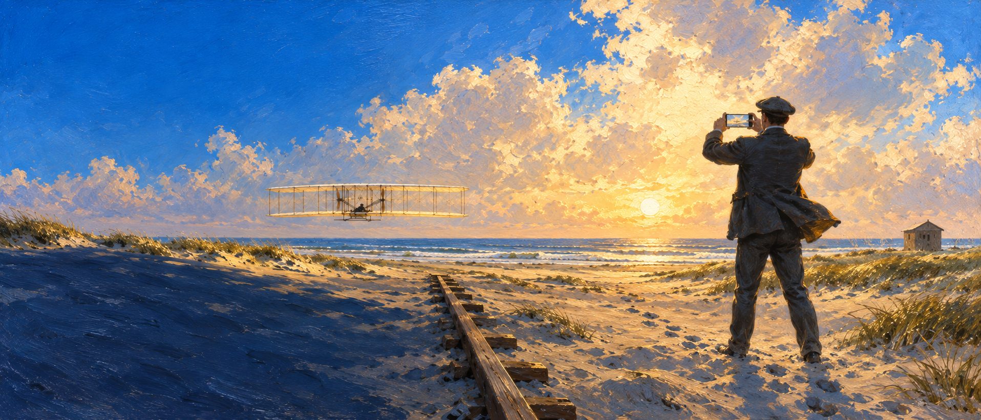 Oil painting of the same beach moments later: the aircraft small and low in the distance, and a man seen from behind holding up a phone to film it